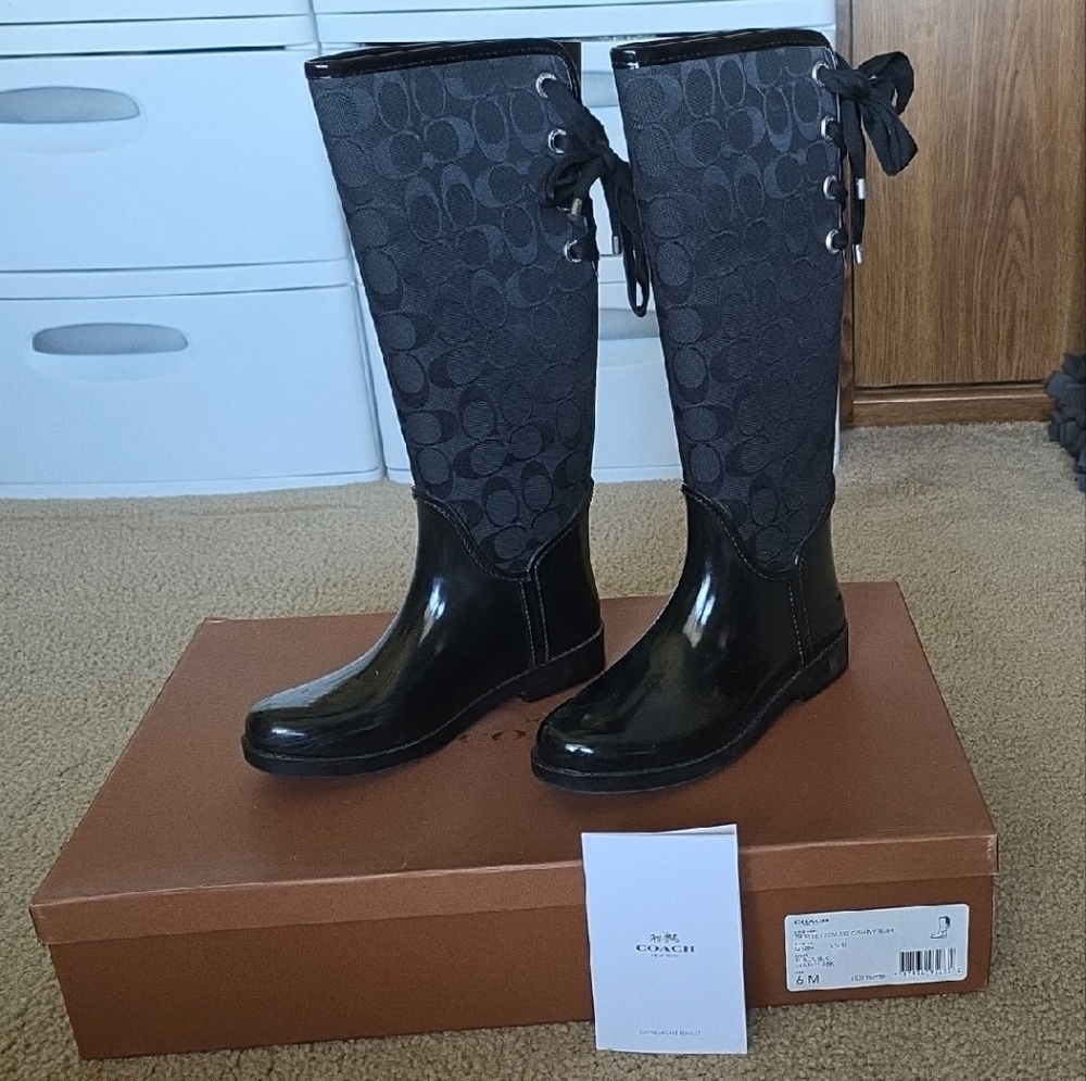 Coach Black Patterned Knee-High Rain Boots Size 6M